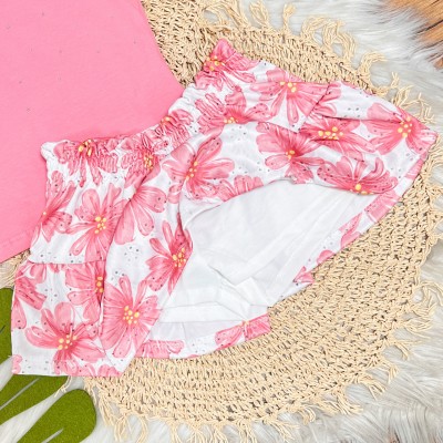 Conj. Blusa com Brilhos e Short Saia Floral - Rose